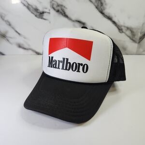 Marlboro Trucker Cap. Black And White Hat with Red Logo. Otto